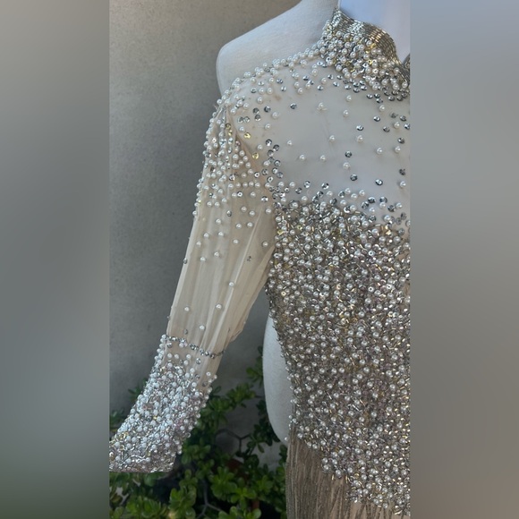 Vintage elegant cocktail dress beige sheer beads pearls sequins Peak Evenings XS - Picture 3 of 13